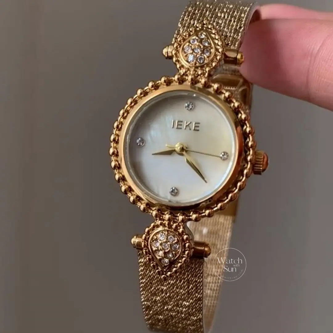 Elegant Beige Mother of Pearl Dial Watch Vintage-Inspired Gold Mesh Bracelet Ladies Watch