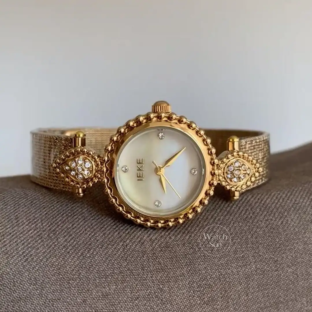 Elegant Beige Mother of Pearl Dial Watch Vintage-Inspired Gold Mesh Bracelet Ladies Watch
