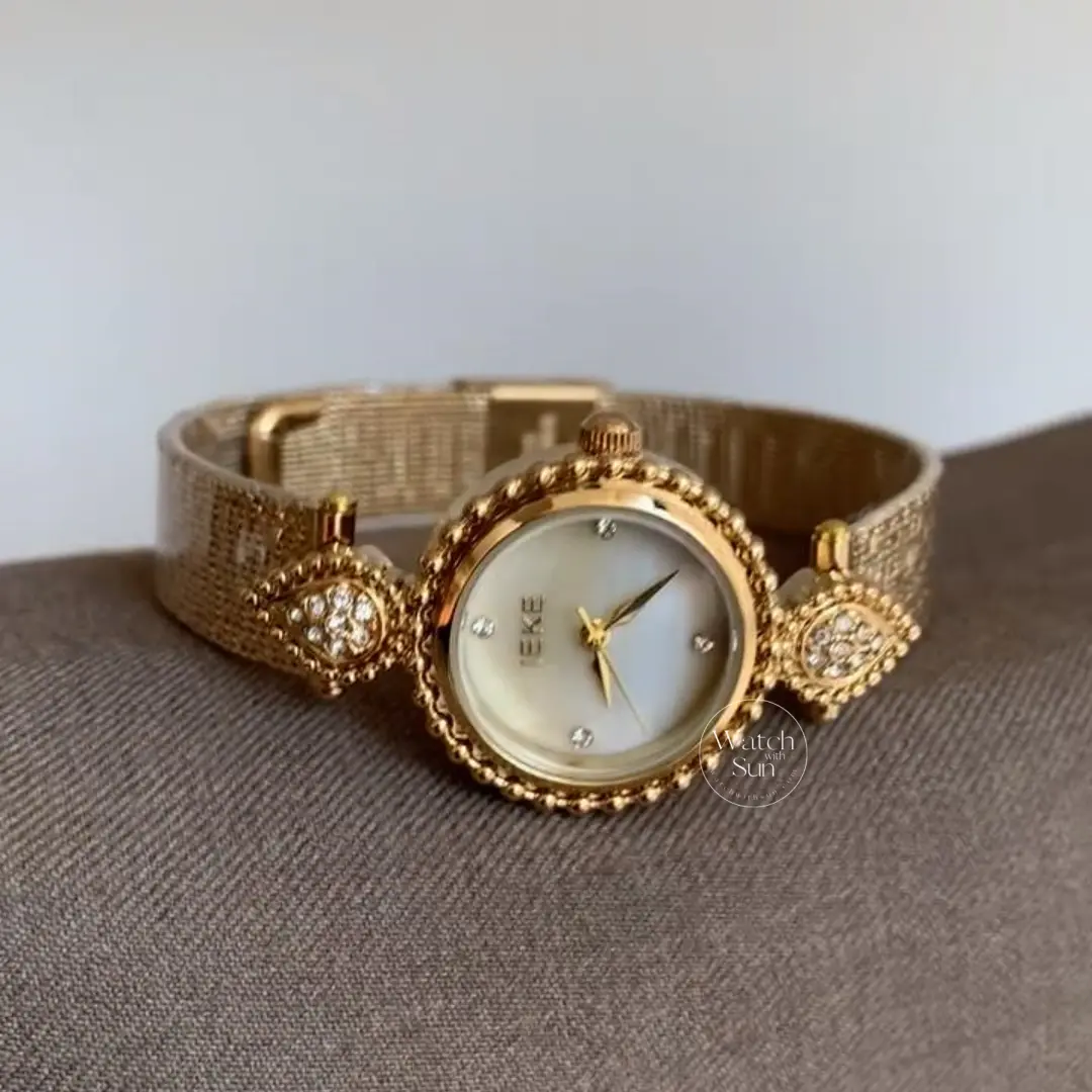 Elegant Beige Mother of Pearl Dial Watch Vintage-Inspired Gold Mesh Bracelet Ladies Watch