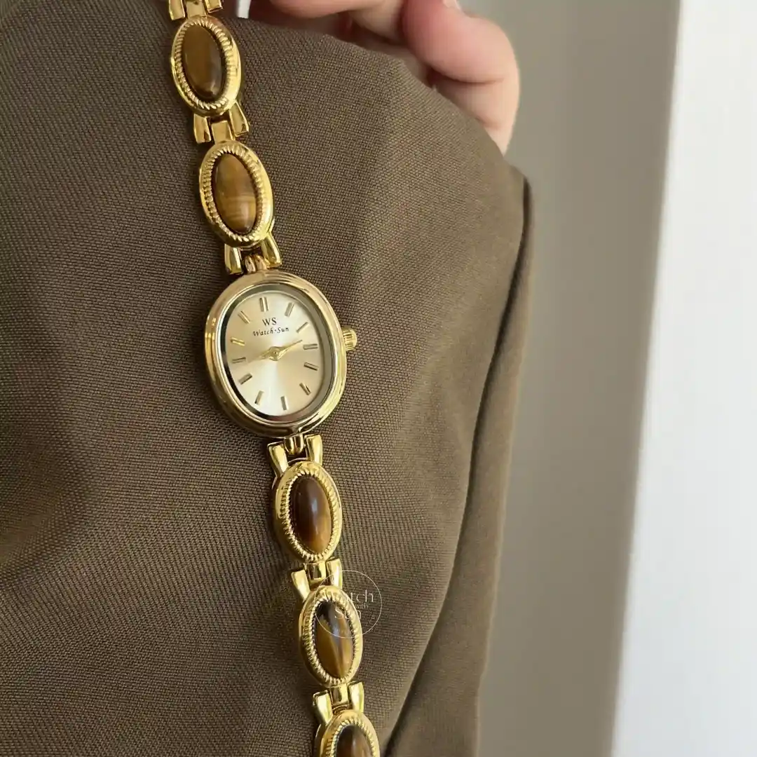 Vintage-Inspired Tiger's eyes Bracelet Watch dainty gold gemstone women's watch