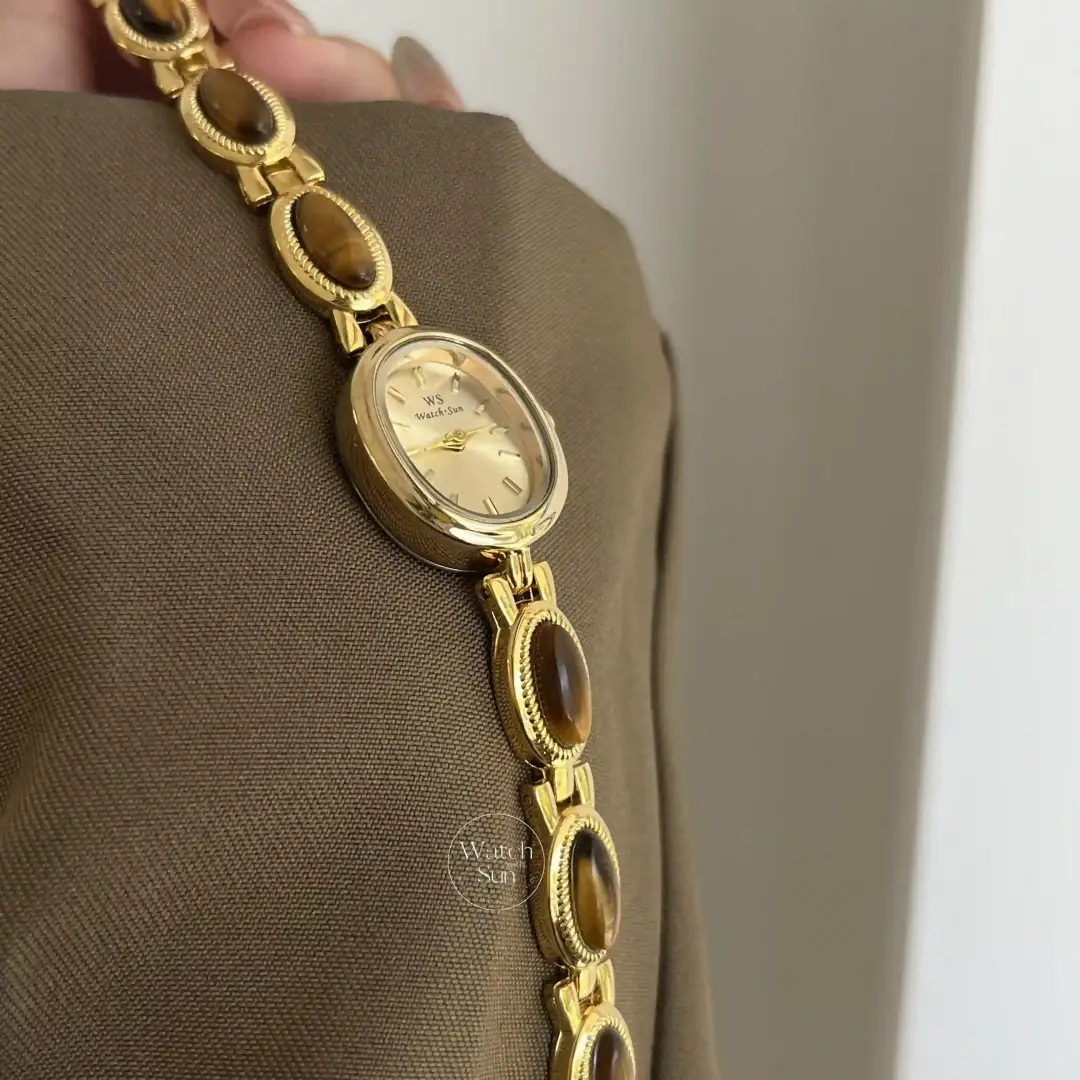 Vintage-Inspired Tiger's eyes Bracelet Watch dainty gold gemstone women's watch
