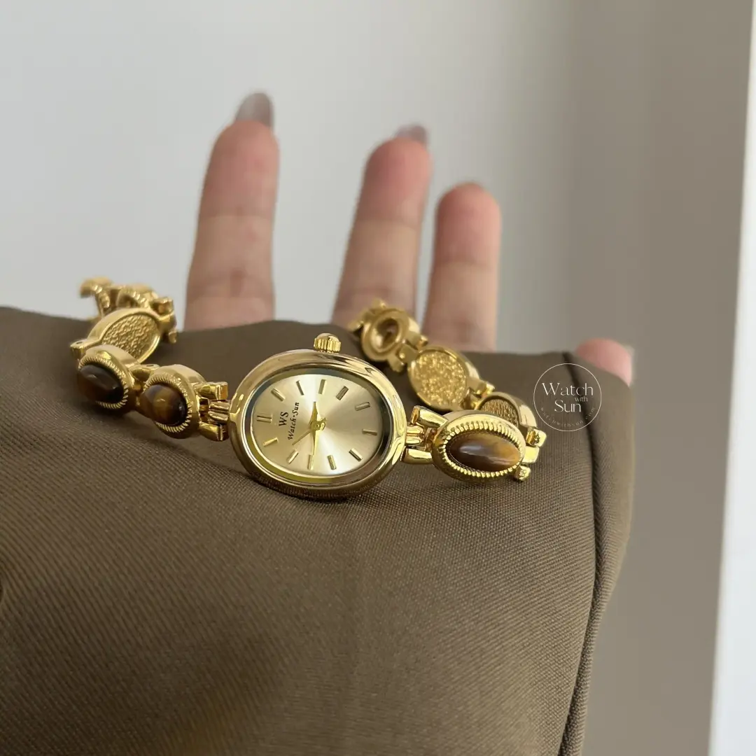 Vintage-Inspired Tiger's eyes Bracelet Watch dainty gold gemstone women's watch