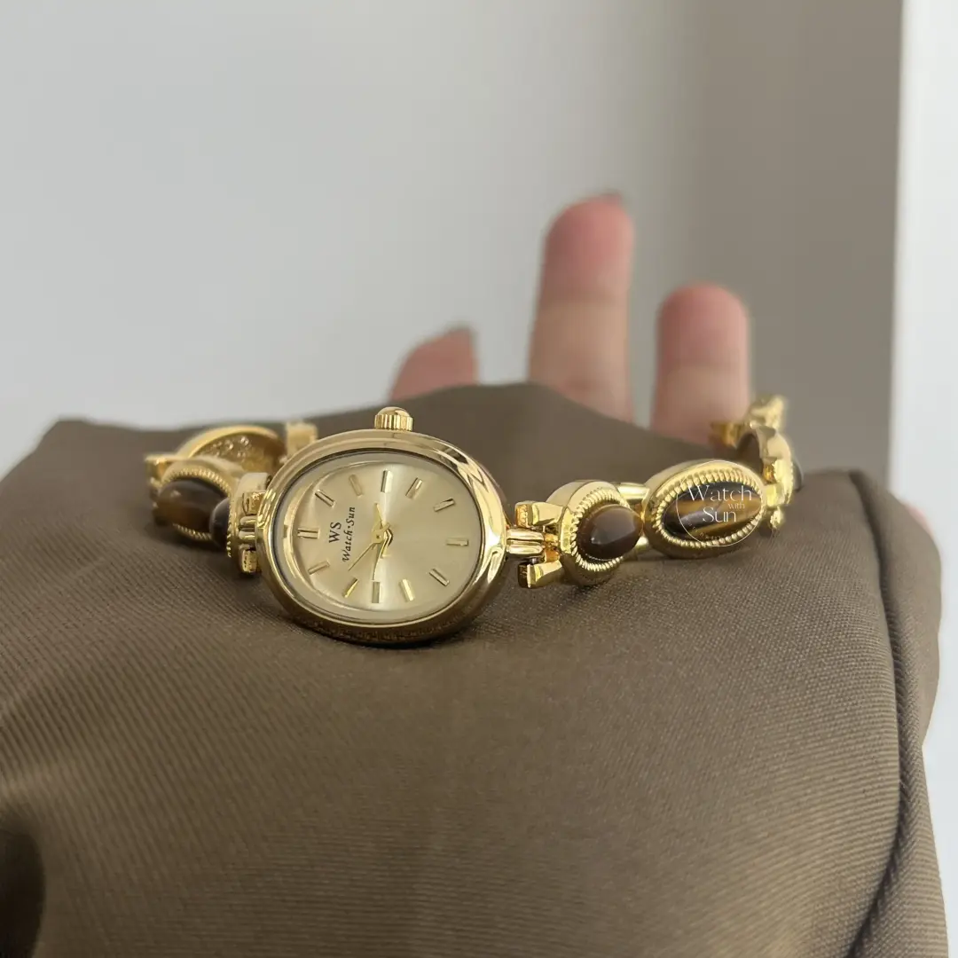 Vintage-Inspired Tiger's eyes Bracelet Watch dainty gold gemstone women's watch