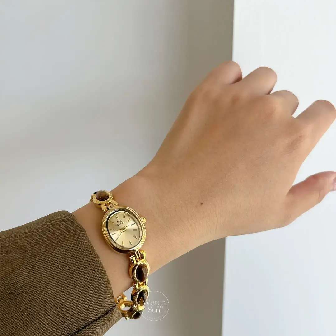 Vintage-Inspired Tiger's eyes Bracelet Watch dainty gold gemstone women's watch