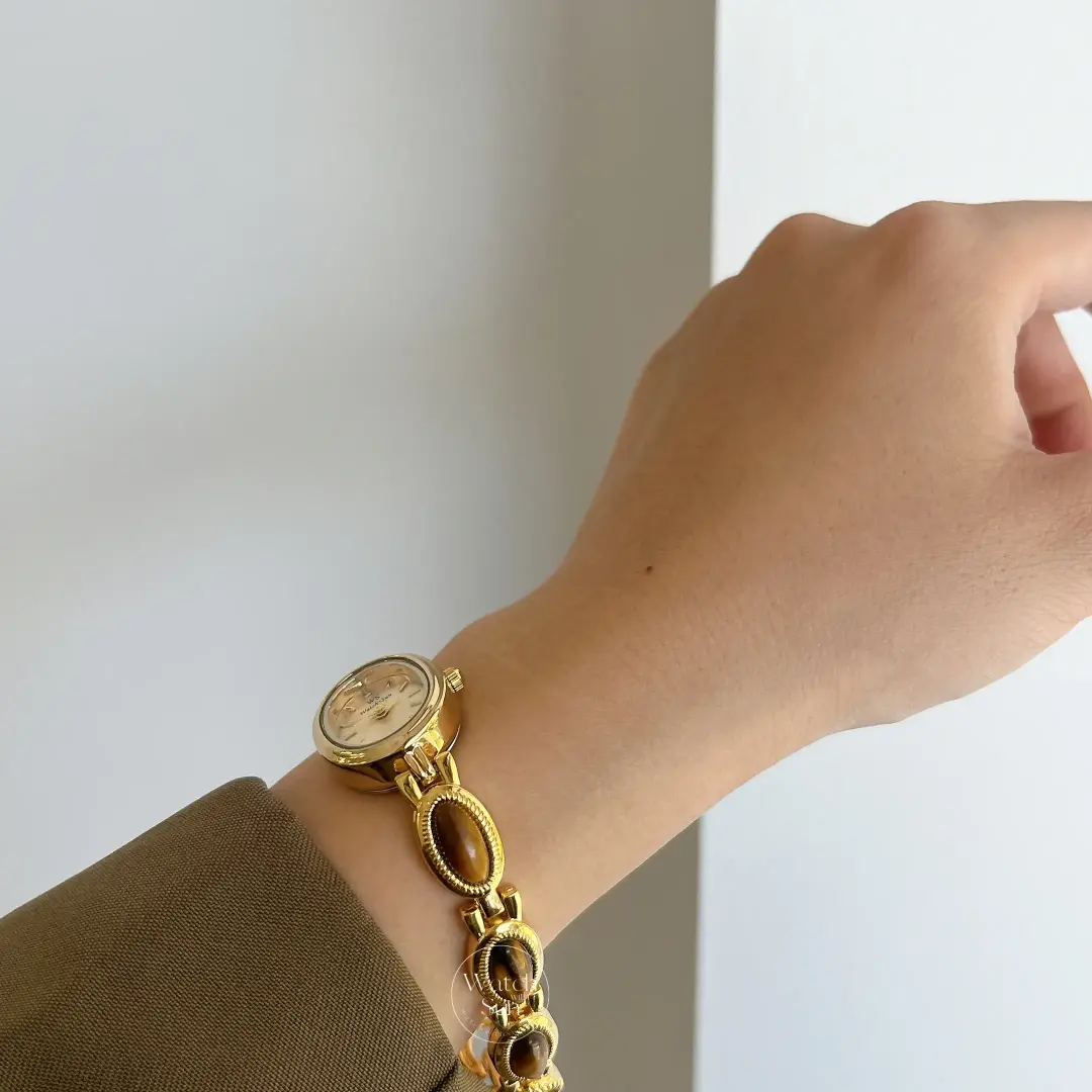 Vintage-Inspired Tiger's eyes Bracelet Watch dainty gold gemstone women's watch