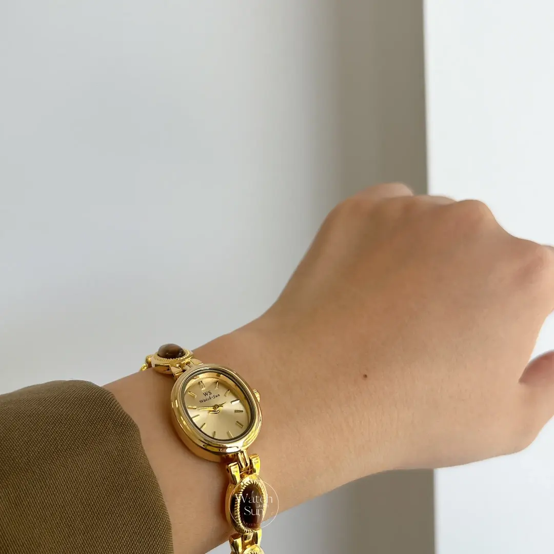Vintage-Inspired Tiger's eyes Bracelet Watch dainty gold gemstone women's watch