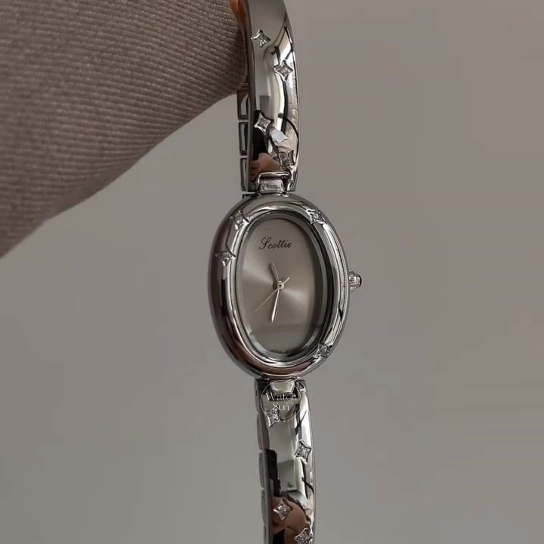 Minimalist Silver Oval Dial Bracelet Watch Star Accents Dainty Silver Ladies Watch