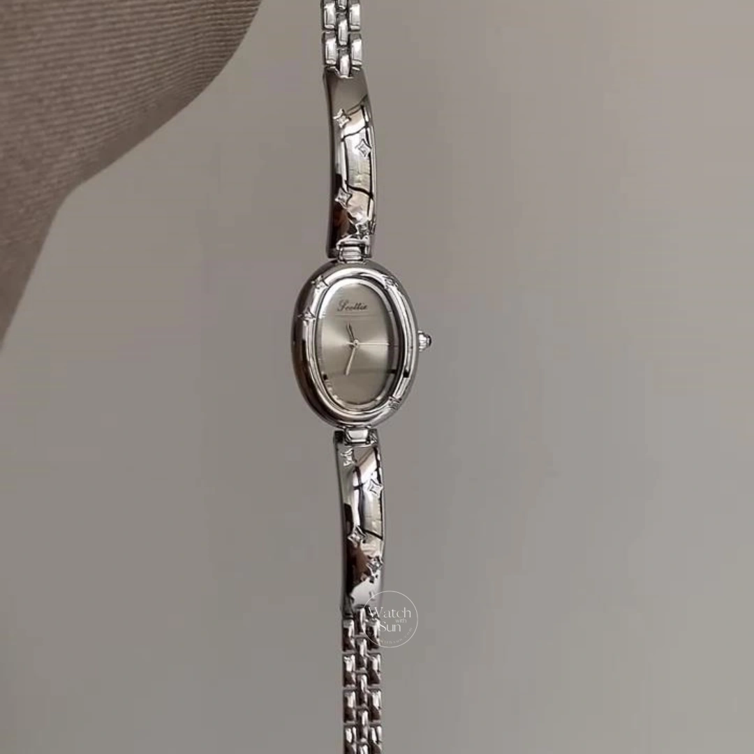 Minimalist Silver Oval Dial Bracelet Watch Star Accents Dainty Silver Ladies Watch