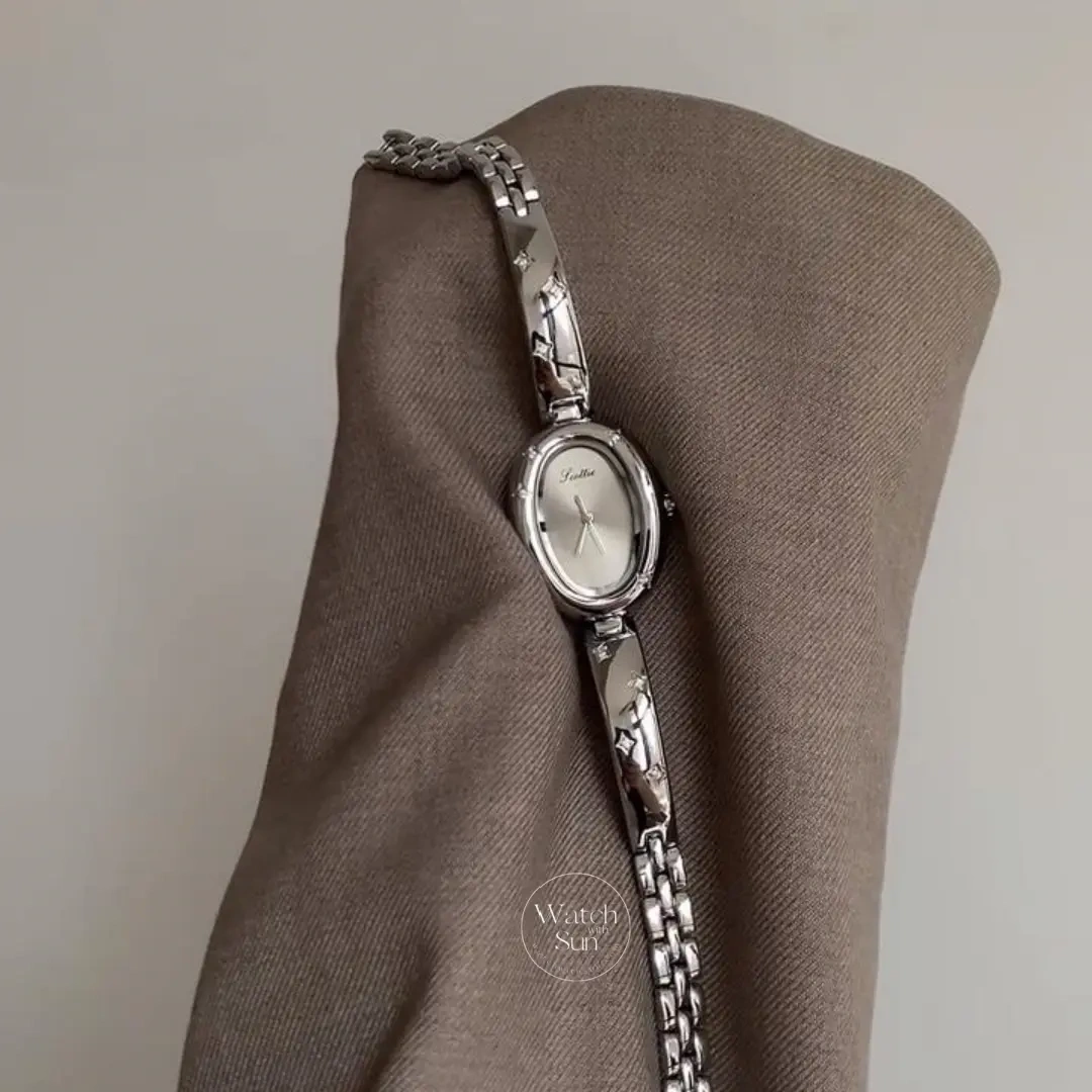 Minimalist Silver Oval Dial Bracelet Watch Star Accents Dainty Silver Ladies Watch