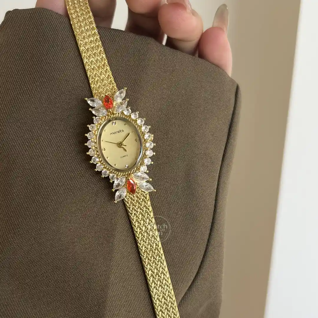 Vintage-Inspired White Diamond Sparkly Gold Women's Watch Red Gem Accents Floral Crystal Watch