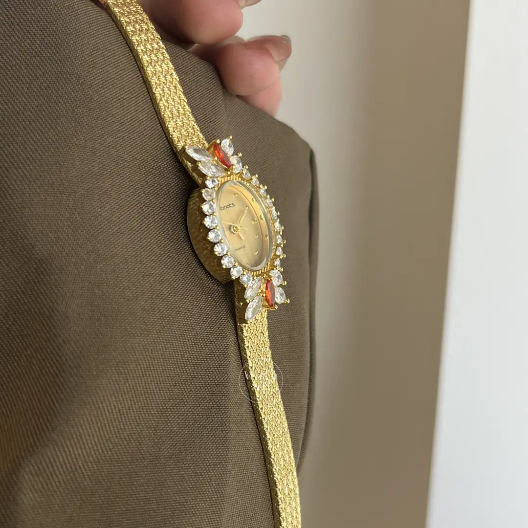 Vintage-Inspired White Diamond Sparkly Gold Women's Watch Red Gem Accents Floral Crystal Watch