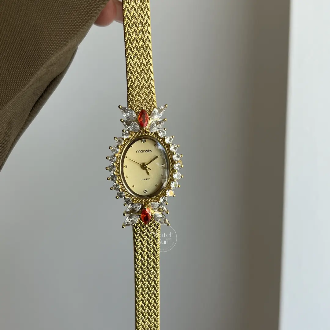 Vintage-Inspired White Diamond Sparkly Gold Women's Watch Red Gem Accents Floral Crystal Watch