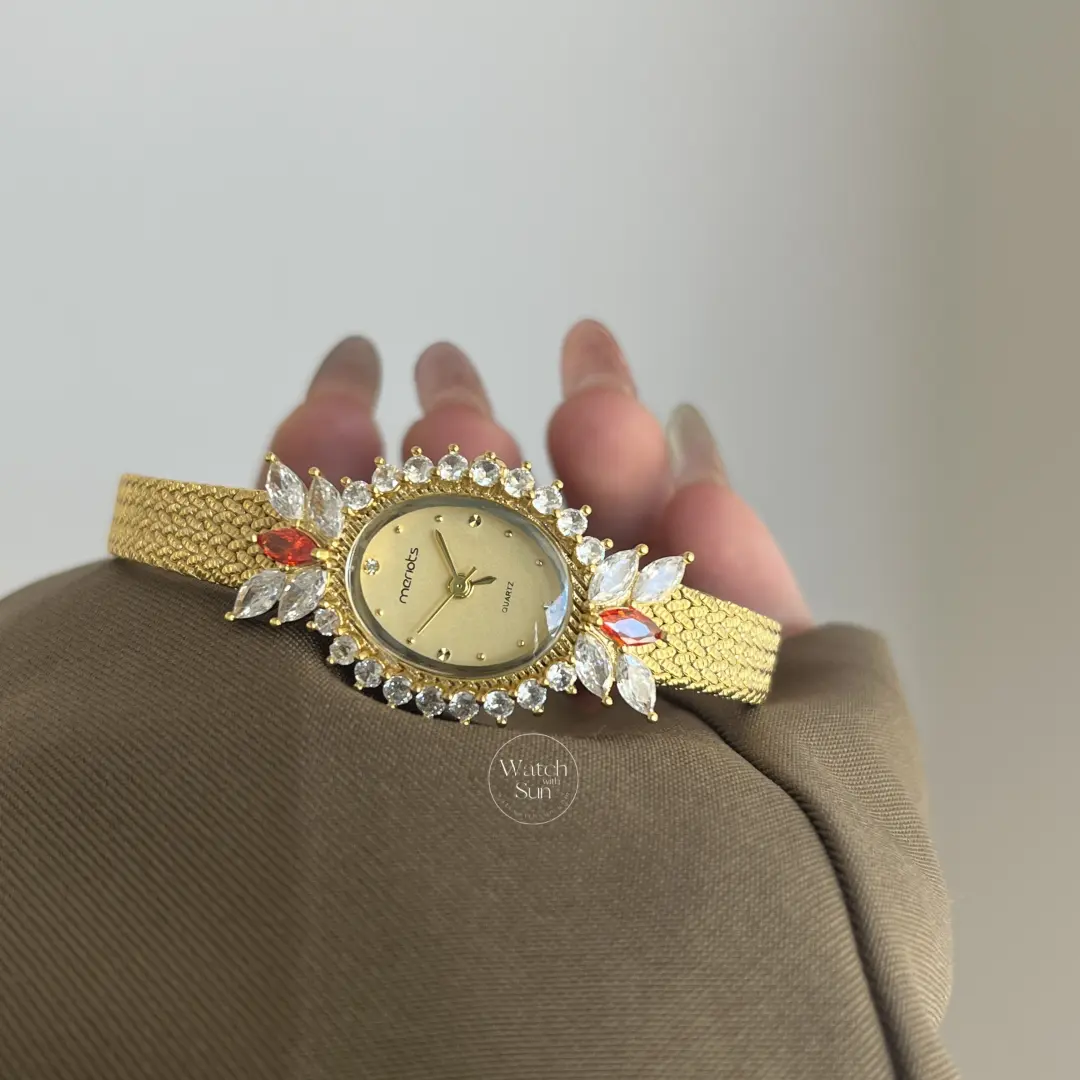 Vintage-Inspired White Diamond Sparkly Gold Women's Watch Red Gem Accents Floral Crystal Watch