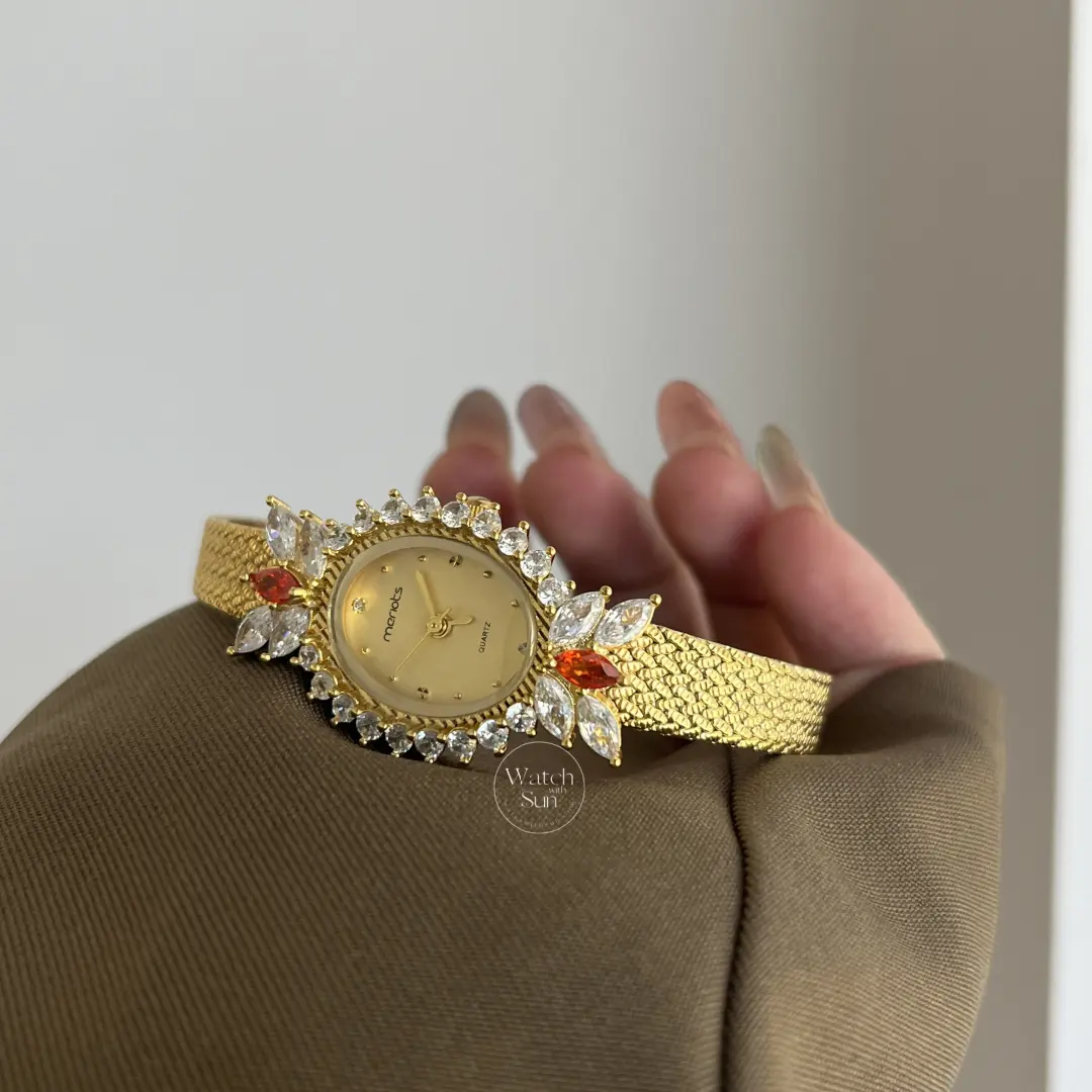 Vintage-Inspired White Diamond Sparkly Gold Women's Watch Red Gem Accents Floral Crystal Watch
