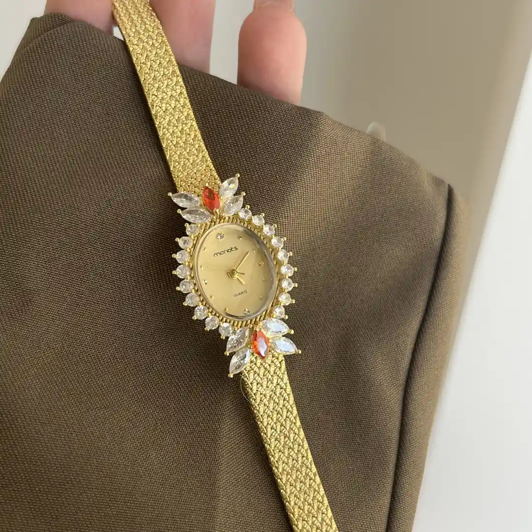 Vintage-Inspired White Diamond Sparkly Gold Women's Watch Red Gem Accents Floral Crystal Watch