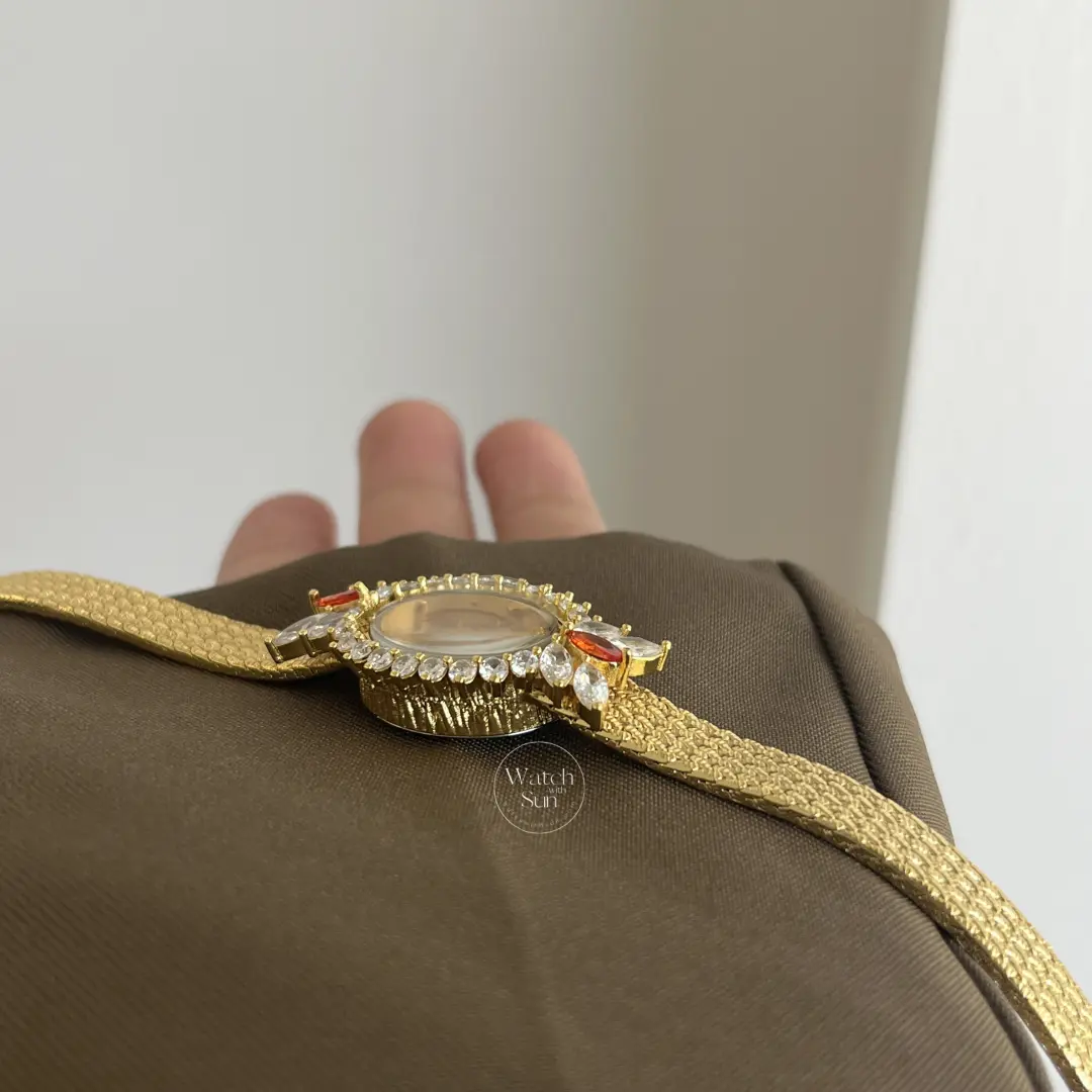 Vintage-Inspired White Diamond Sparkly Gold Women's Watch Red Gem Accents Floral Crystal Watch