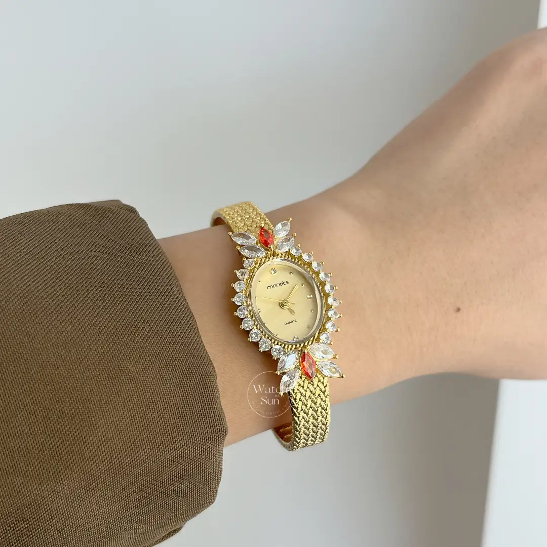 Vintage-Inspired White Diamond Sparkly Gold Women's Watch Red Gem Accents Floral Crystal Watch