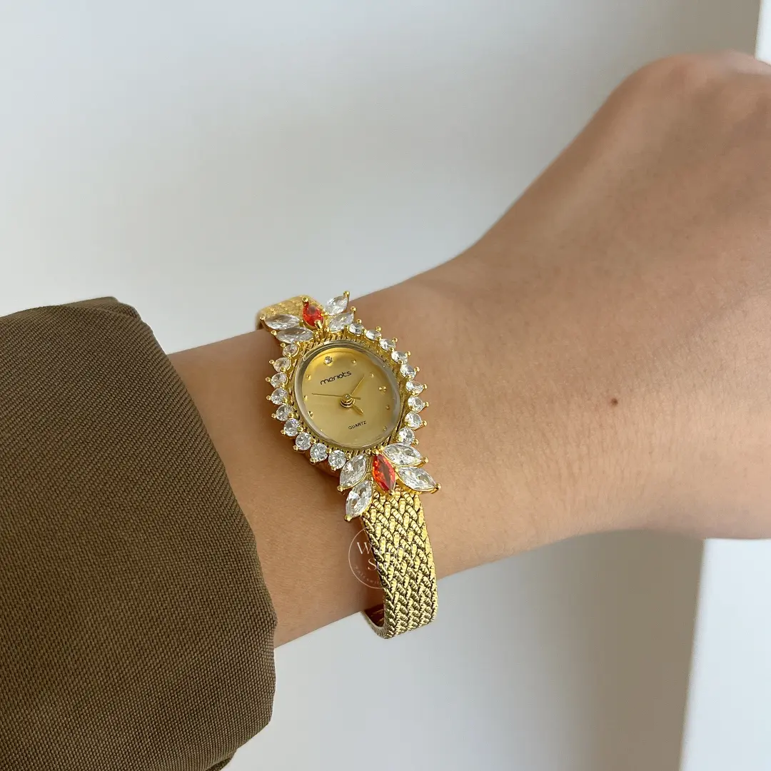 Vintage-Inspired White Diamond Sparkly Gold Women's Watch Red Gem Accents Floral Crystal Watch