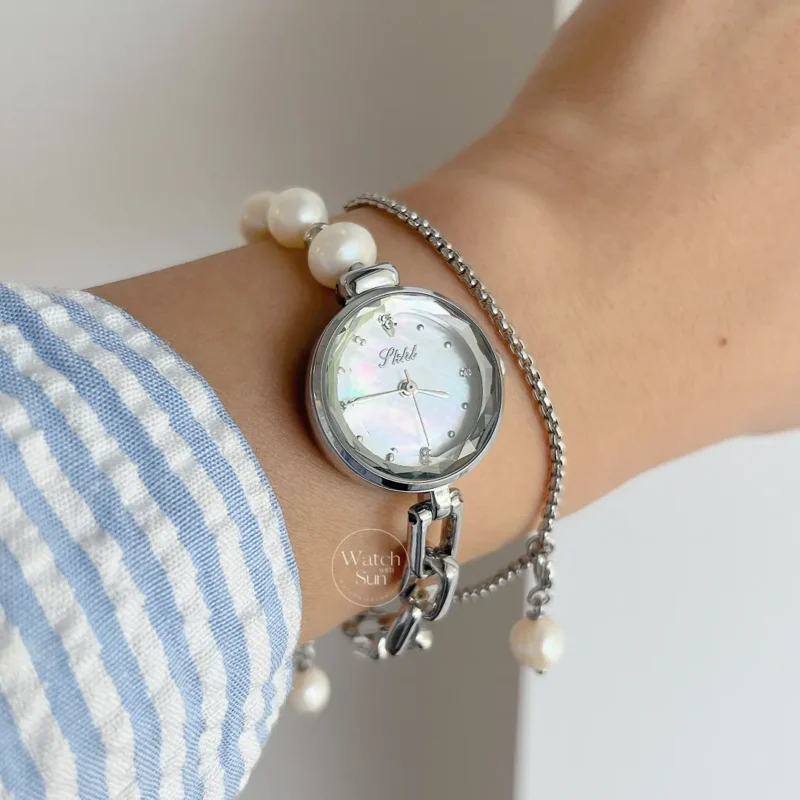 Handmade Freshwater Pearl Bracelet Watch for Women Dainty Mother of Pearl Dial Silver Watch