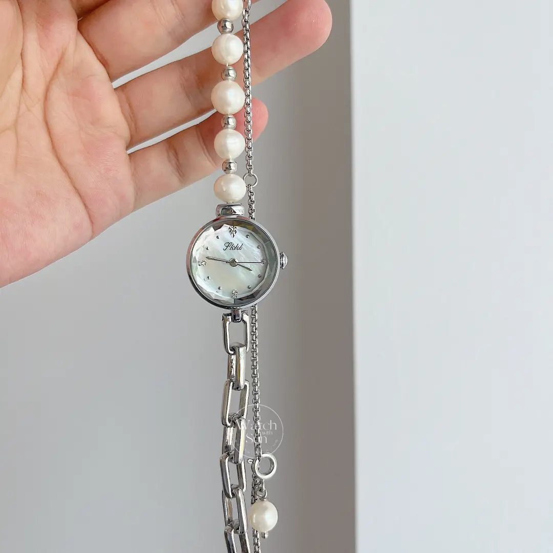 Handmade Freshwater Pearl Bracelet Watch for Women Dainty Mother of Pearl Dial Silver Watch