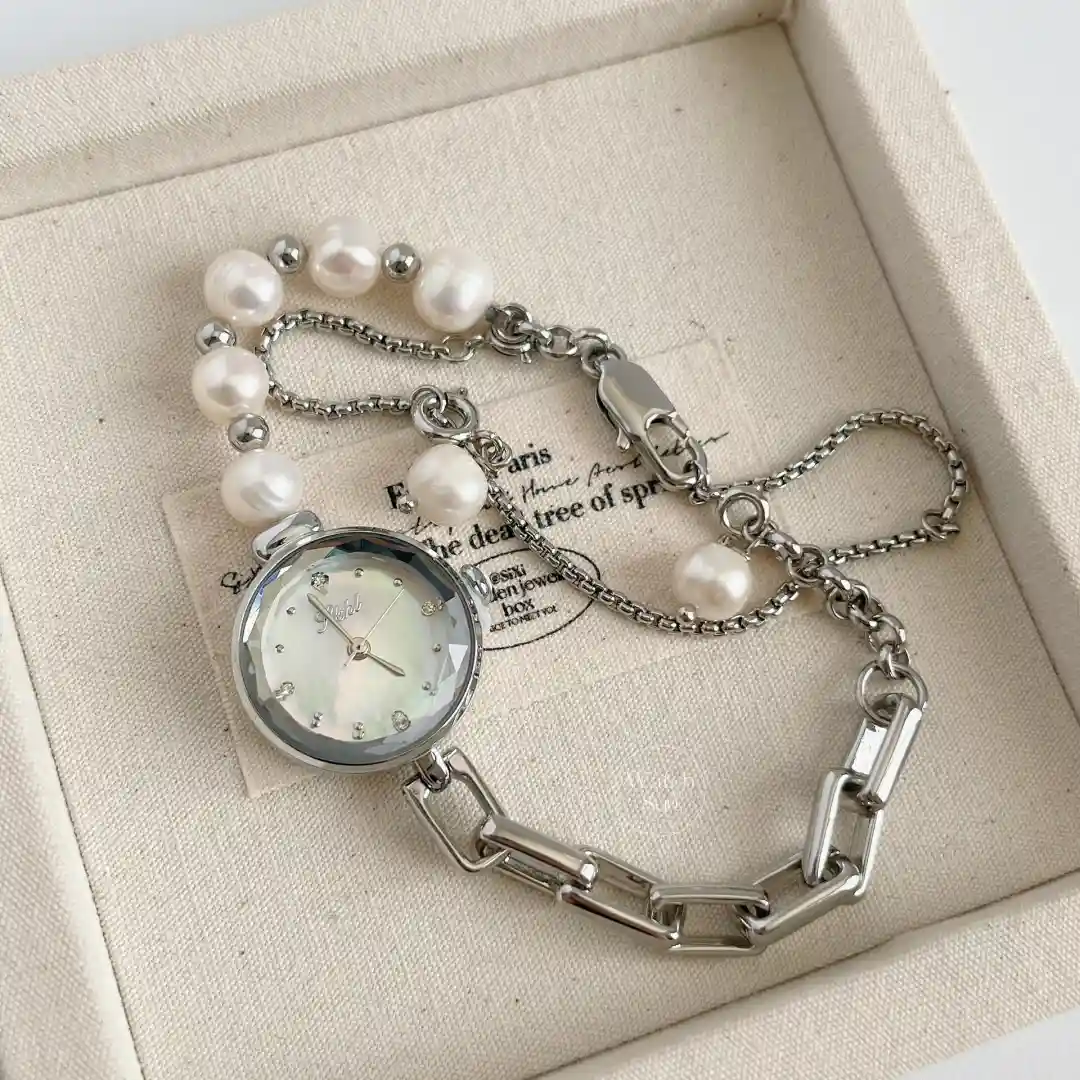Handmade Freshwater Pearl Bracelet Watch for Women Dainty Mother of Pearl Dial Silver Watch
