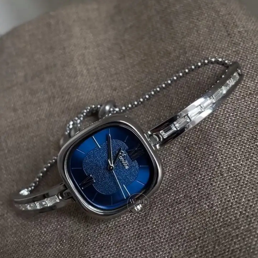 Classic Royal Blue Dial Bracelet Watch for Women Square Face Silver Bangle Watch