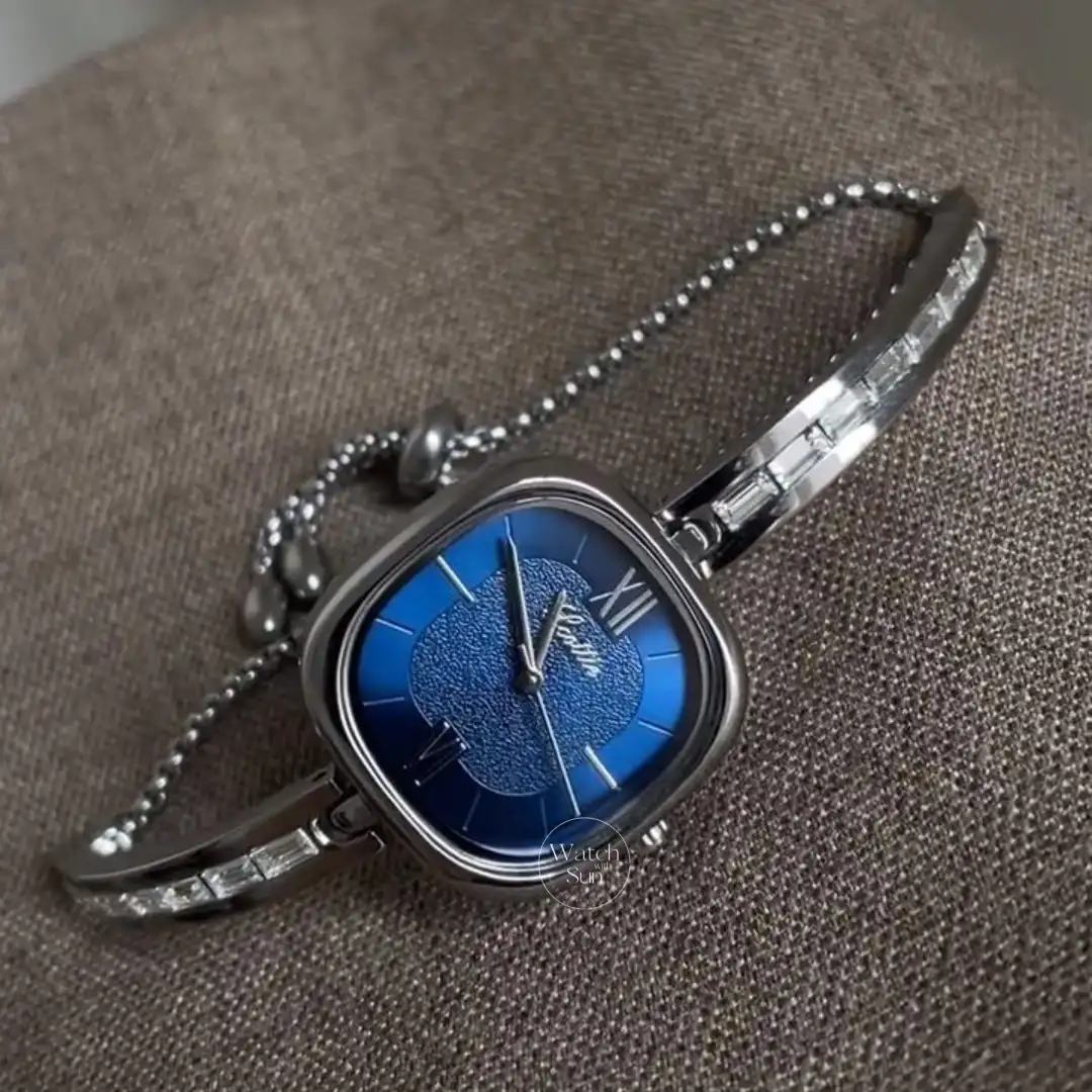Classic Royal Blue Dial Bracelet Watch for Women Square Face Silver Bangle Watch