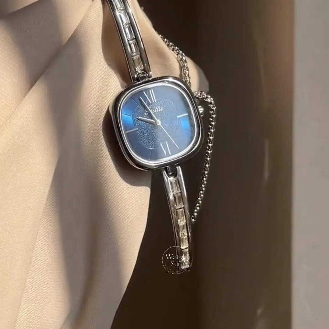 Classic Royal Blue Dial Bracelet Watch for Women Square Face Silver Bangle Watch