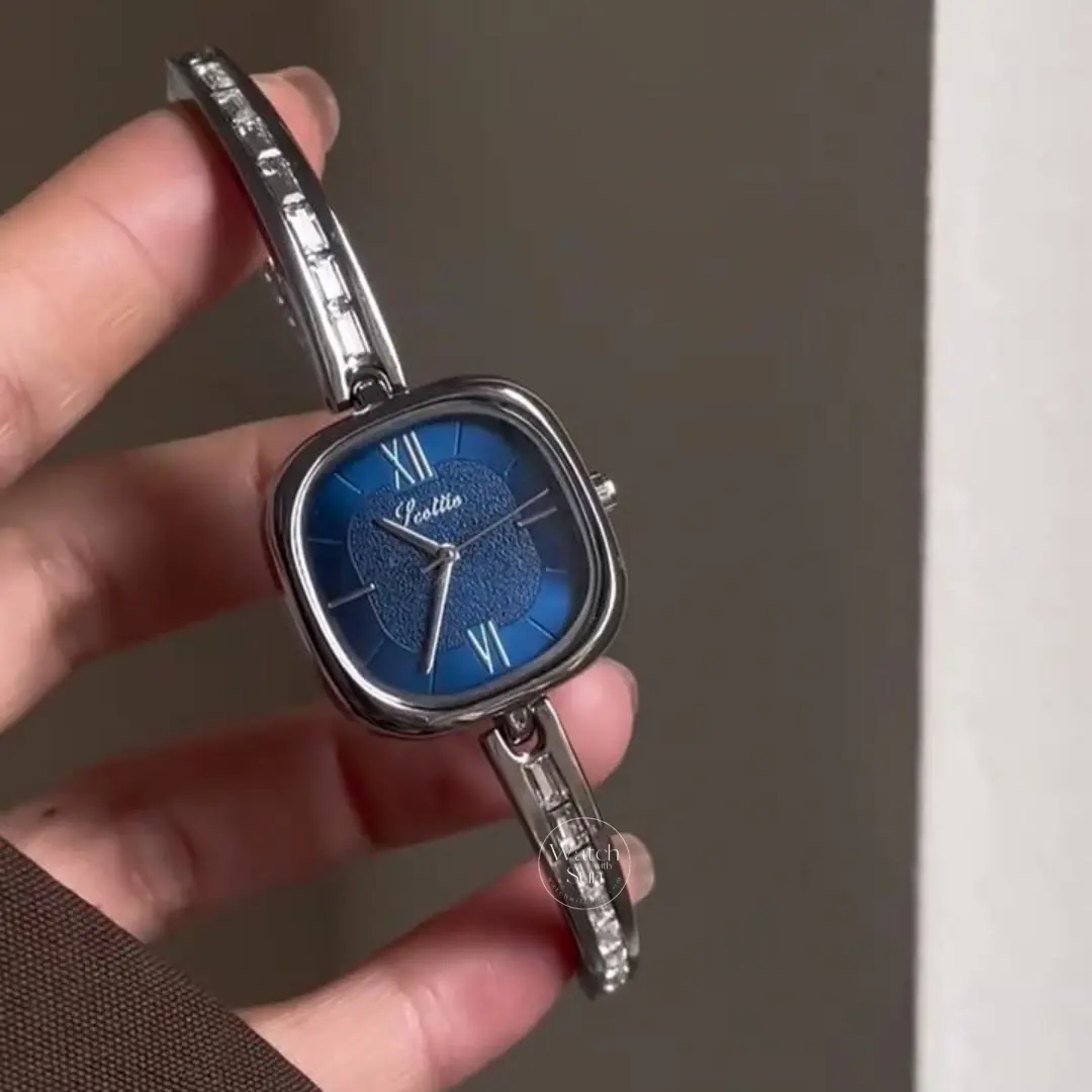 Classic Royal Blue Dial Bracelet Watch for Women Square Face Silver Bangle Watch
