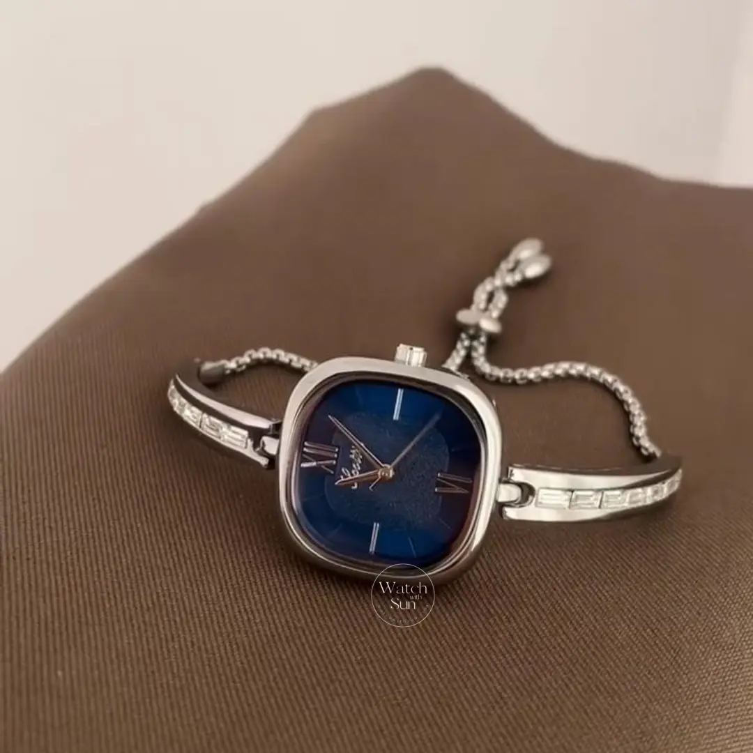 Classic Royal Blue Dial Bracelet Watch for Women Square Face Silver Bangle Watch