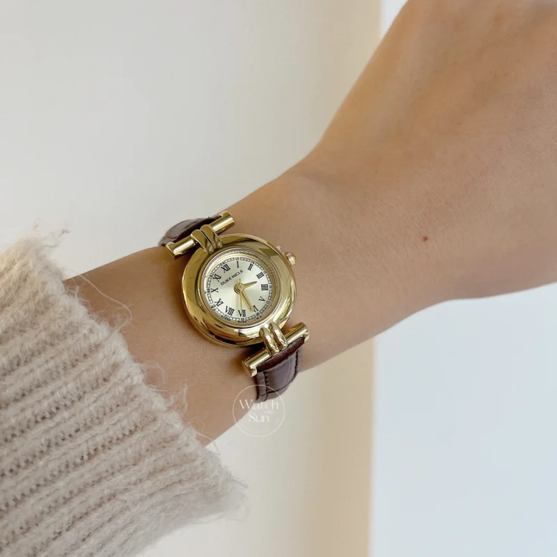 Vintage-inspired Gold Roman Numeral Dial Brown Leather Strap Watch for Women