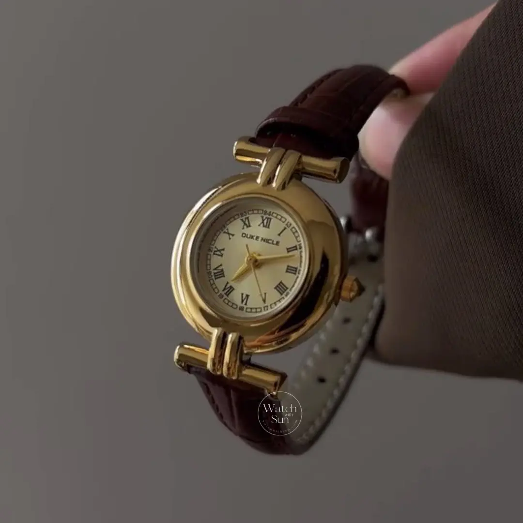 Vintage-inspired Gold Roman Numeral Dial Brown Leather Strap Watch for Women