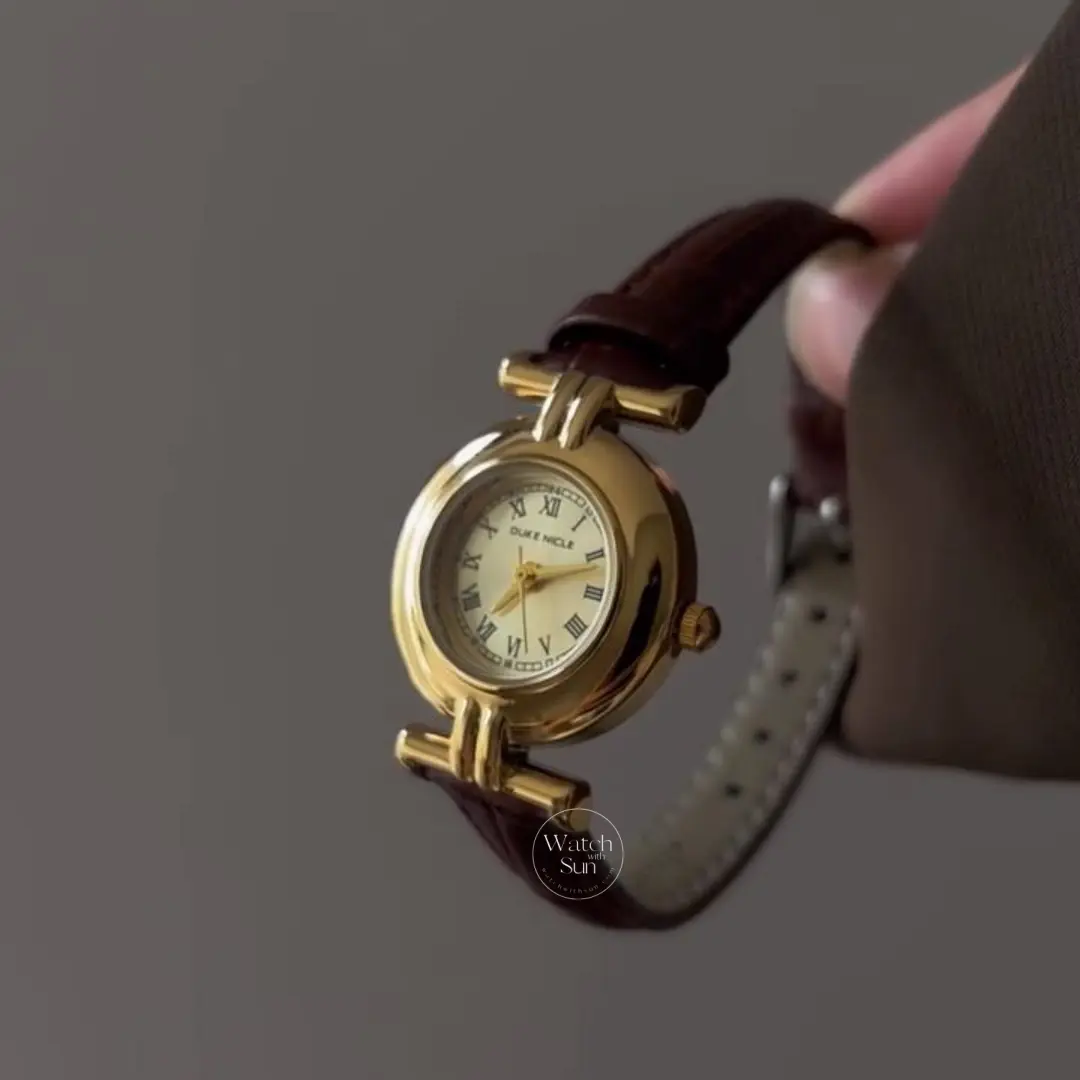 Vintage-inspired Gold Roman Numeral Dial Brown Leather Strap Watch for Women