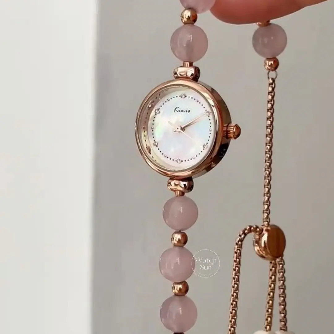 Dainty Rose Quartz Bracelet Ladies Watch Mother of Pearl Dial Pink Bracelet Watch