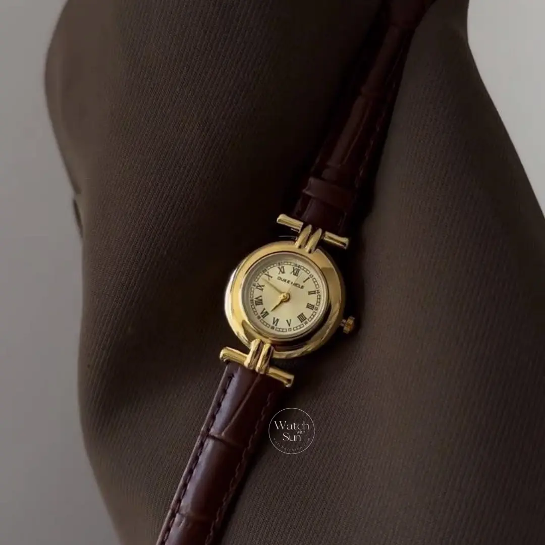 Vintage-inspired Gold Roman Numeral Dial Brown Leather Strap Watch for Women