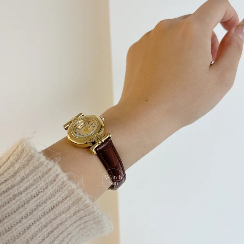 Vintage-inspired Gold Roman Numeral Dial Brown Leather Strap Watch for Women