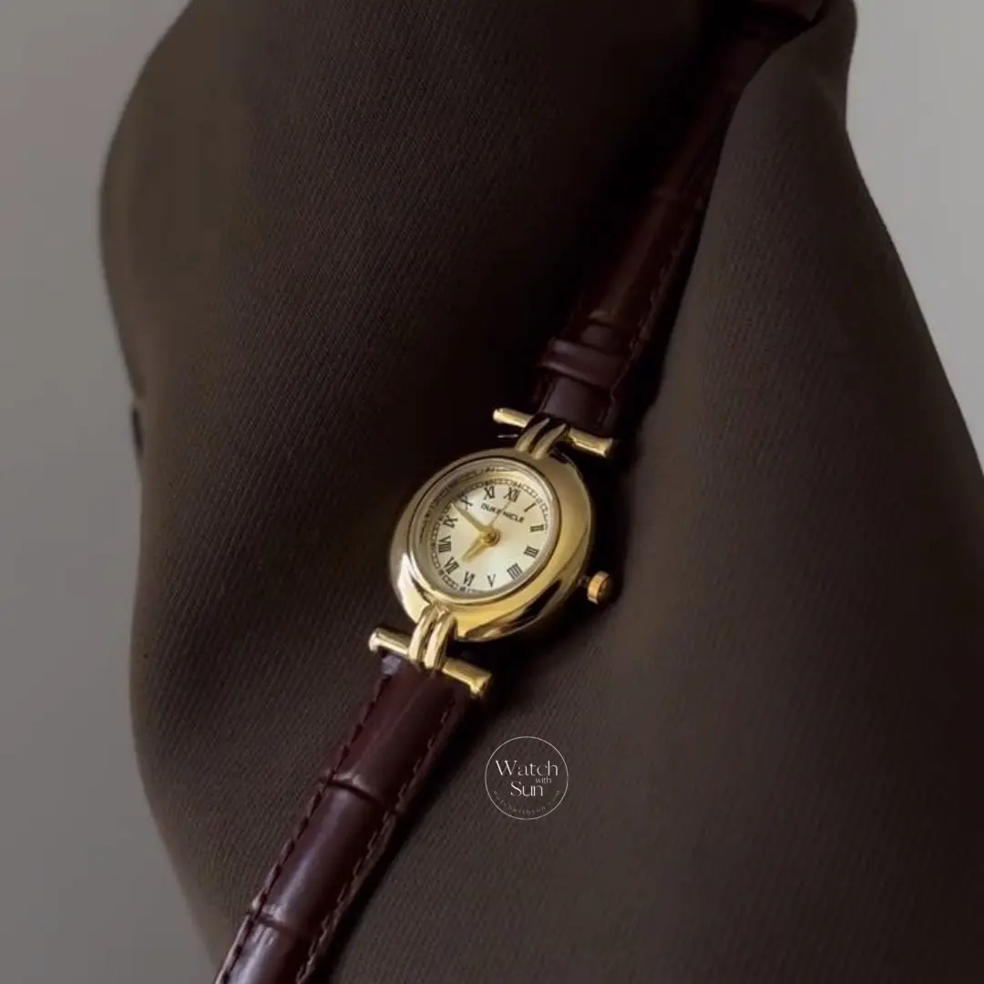 Vintage-inspired Gold Roman Numeral Dial Brown Leather Strap Watch for Women