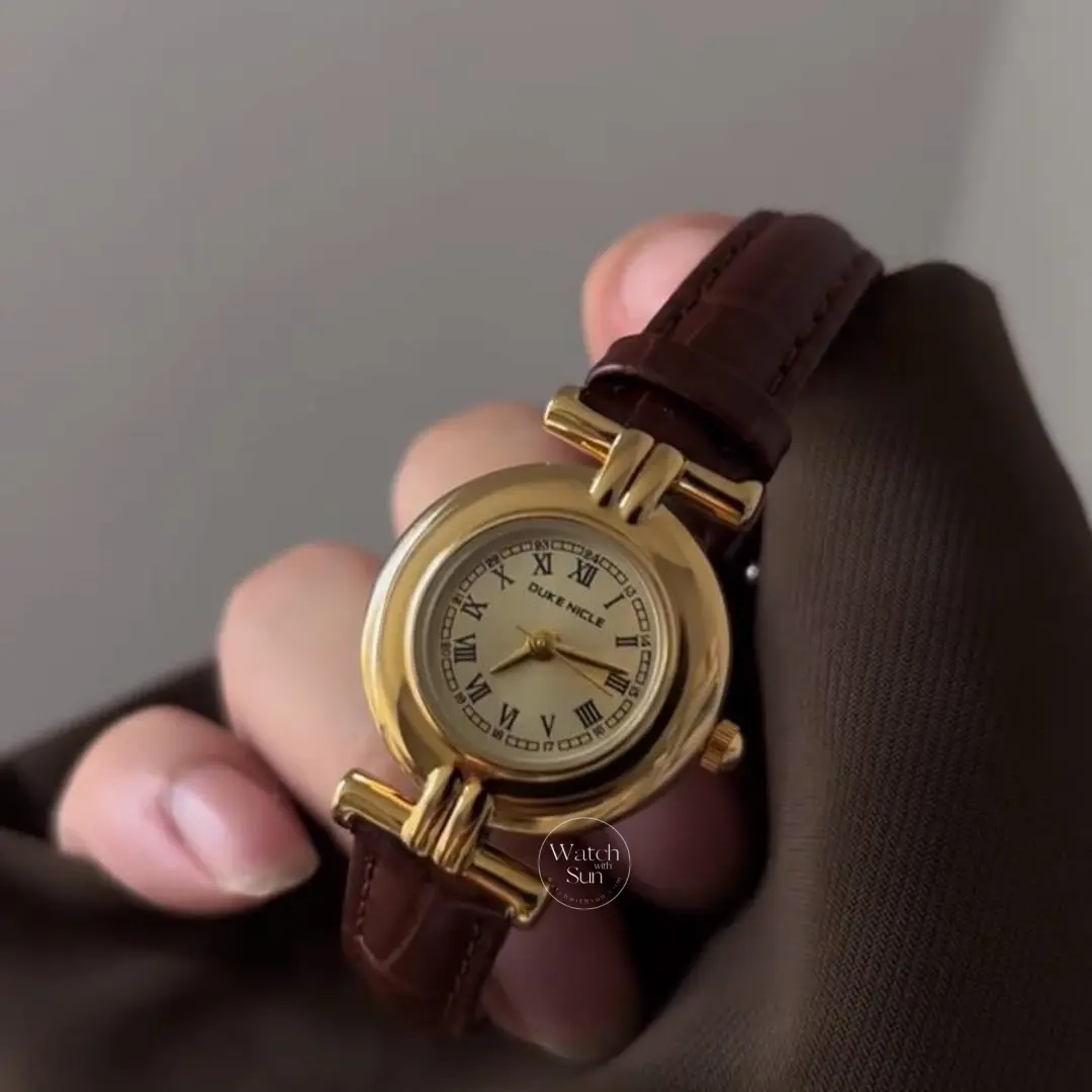 Vintage-inspired Gold Roman Numeral Dial Brown Leather Strap Watch for Women