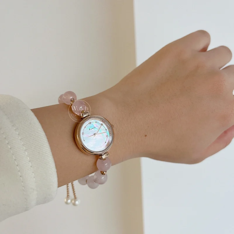 Dainty Rose Quartz Bracelet Ladies Watch Mother of Pearl Dial Pink Bracelet Watch