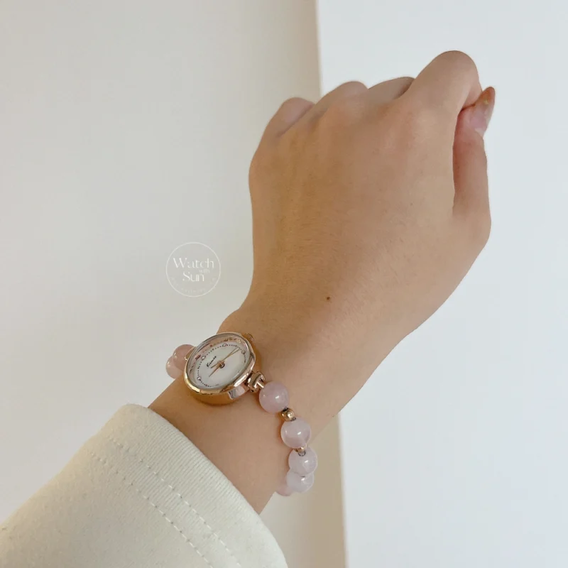 Dainty Rose Quartz Bracelet Ladies Watch Mother of Pearl Dial Pink Bracelet Watch