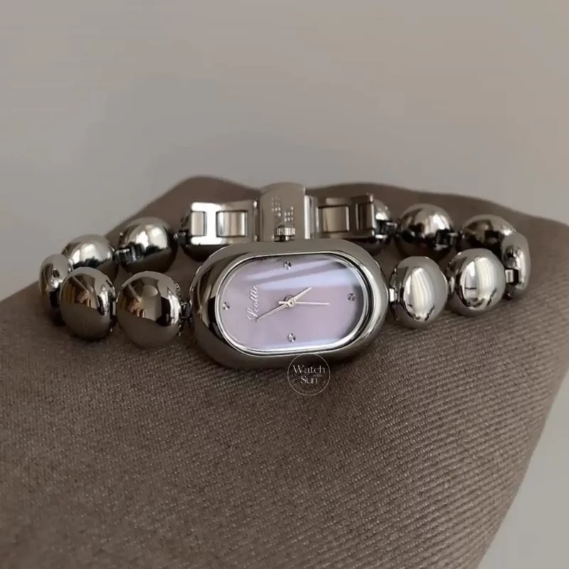 Dainty Purple Face Oval Watch Silver Bubble Bracelet Watch for Women