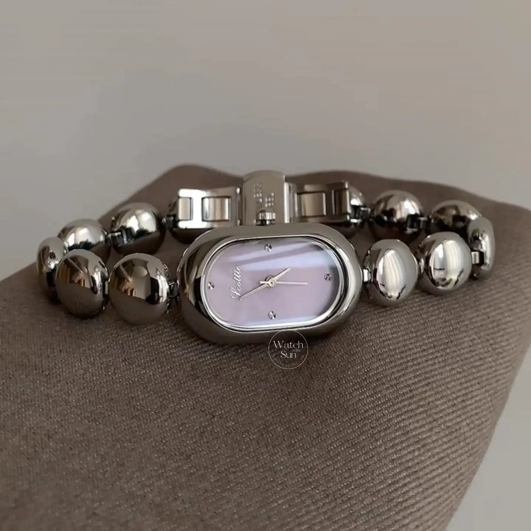 Dainty Purple Face Oval Watch Silver Bubble Bracelet Watch for Women