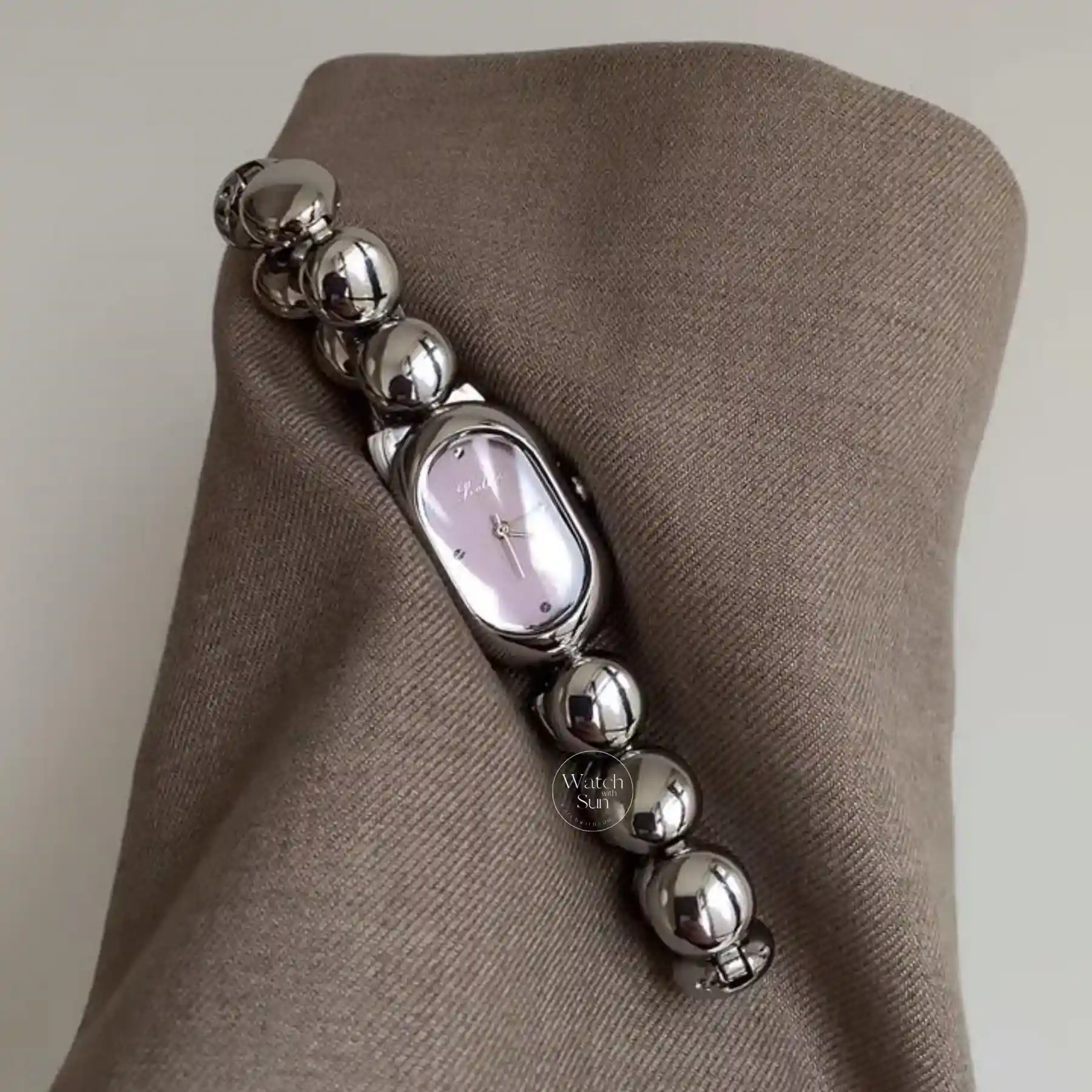 Dainty Purple Face Oval Watch Silver Bubble Bracelet Watch for Women