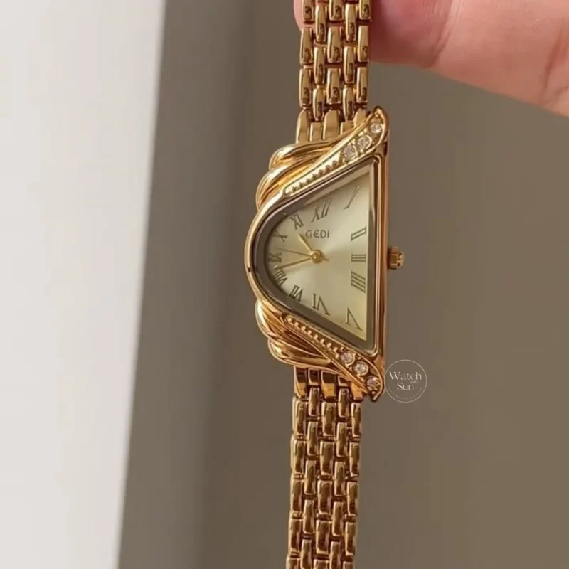 Harp-Inspired Crystal Accents Ladies Watch Vintage Style Gold Bracelet Watch for Women