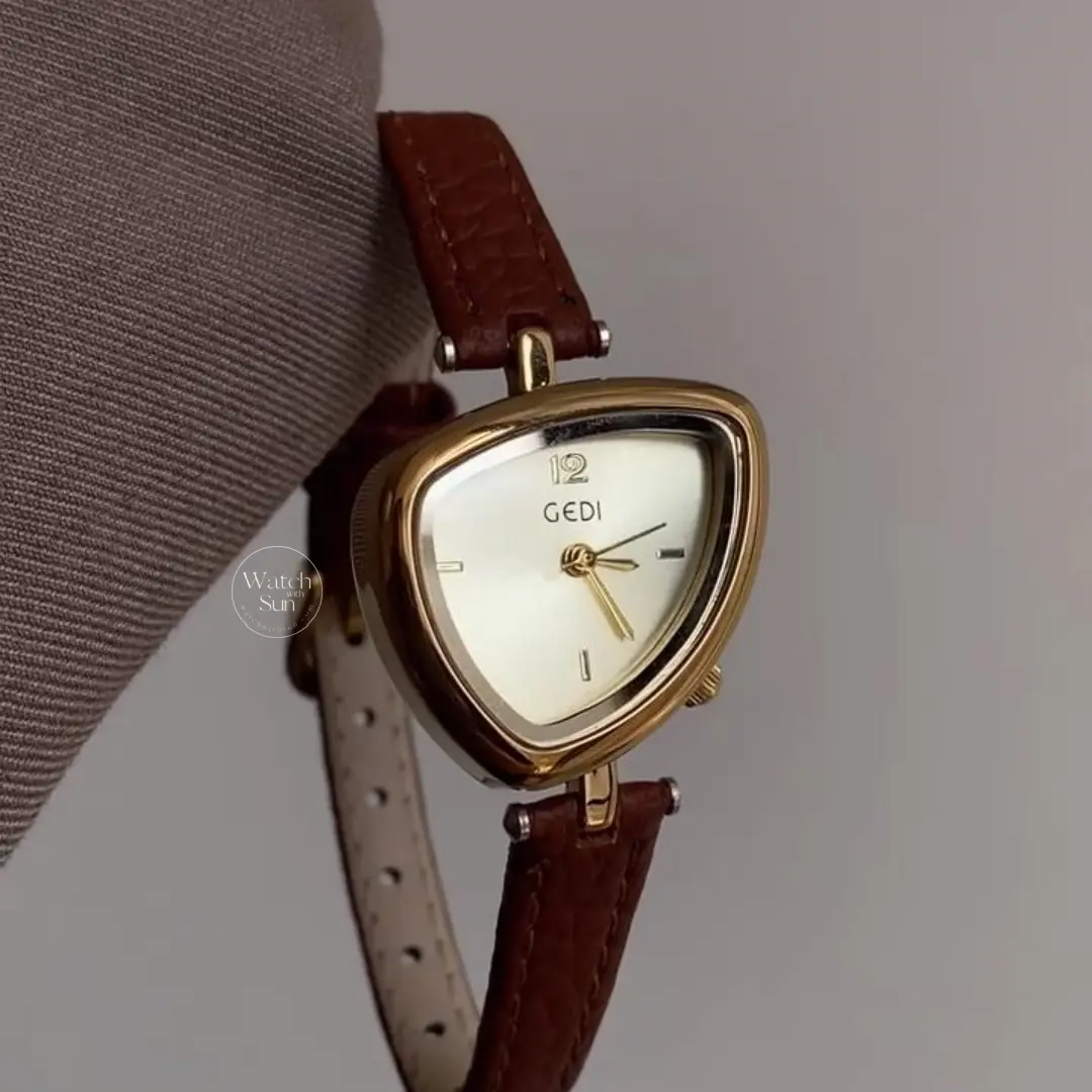 Chic Gold Brown Leather Band Watch Irregular Case Watch for Women