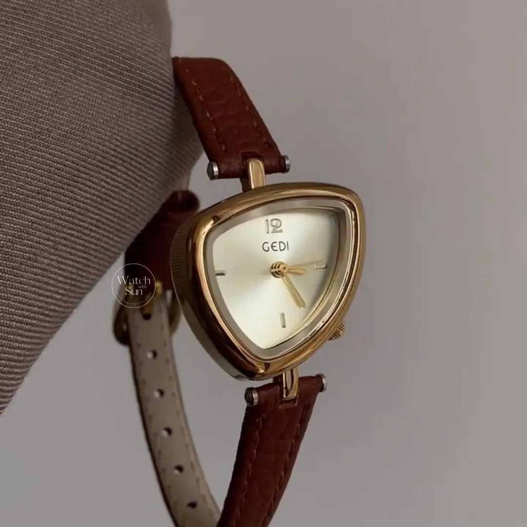 Chic Gold Brown Leather Band Watch Irregular Case Watch for Women