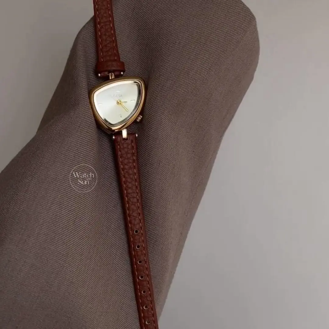 Chic Gold Brown Leather Band Watch Irregular Case Watch for Women