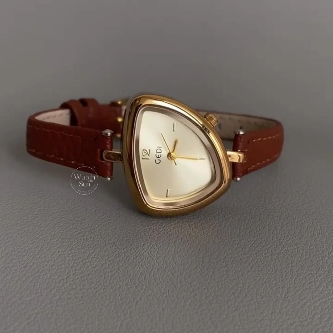 Chic Gold Brown Leather Band Watch Irregular Case Watch for Women