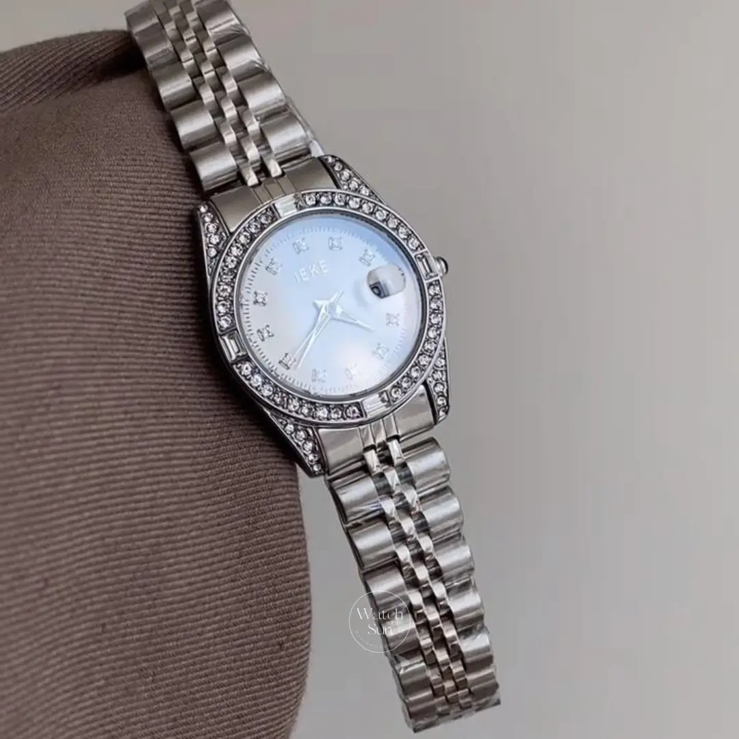Elegant Women's Silver Watch Crystal Bezel Ladies' Silver Wrist Watch