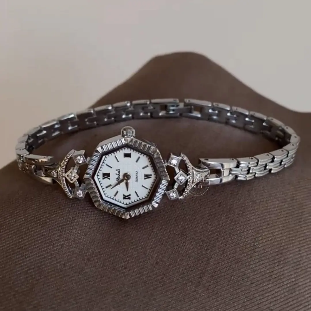 Vintage Silver Watches for Women Hexagon Dial Ladies Silver Wrist Watch